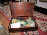 WOODEN BOX WITH BRASS CORNERS AND LATCH 12 INCH X 7 1/2 X 4 1/2 FULL OF FAS