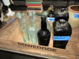 BOX LOT OF ANTIQUE BOTTLES INCLUDING HAND BLOWN GIN BOTTLES MEDICINE BOTTLE