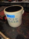 SALT GLAZED CROCK DOUBLE EAR 3 GALLON WITH E.S. AND B.