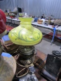 BRASS OIL LAMP WITH HAND PAINTED YELLOW SHADE