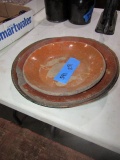 SET OF FOUR RED CLAY DISHES APPROX 12 INCH AND 8 INCH ACROSS