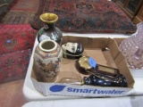 BOX LOT WITH VASES CERAMIC BOX AND MORE