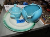 FIESTA WARE PITCHER AND SUGAR BOWL WITH LID AND LARGE BOWL