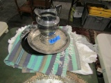 TABLE LOT INCLUDING SILVER PLATE TRAYS WATER PITCHER RUGS