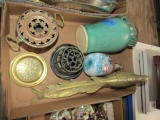 BOX LOT WITH GREEN VASE COPPER COLLECTIBLES AND MORE