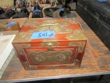 SMALL ROSEWOOD BOX CHINESE WITH BRASS DECORATIVES AND HANDLES AND 5 DRAWERS