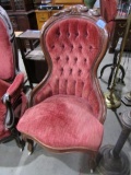 3 MATCHING VICTORIAN CHAIRS WITH RED UPHOLSTERY PORCELAIN WHEELS