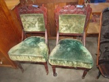 PAIR OF EARLY CARVED SIDE CHAIRS WITH HEAVILY UPHOLSTERED SEATS AND BACKS