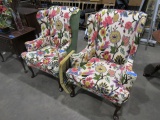 PAIR OF MATCHING WINGBACK CHAIRS WITH HAND STITCHED FLORAL UPHOLSTERY