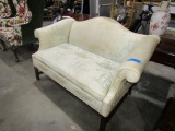 ROLLED ARM LOVESEAT CAMEL BACK WITH ORIENTAL STYLE UPHOLSTERY