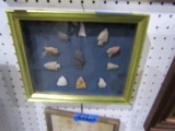 INDIAN HEAD COLLECTION FRAMED UNDER GLASS WITH 11 ARROW HEADS 10 1/2 X 9 IN