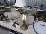 PAIR OF EARLY OIL LAMPS BRASS AND CLEAR GLASS