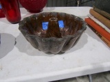 EARLY REDWARE GLAZE BUNDT CAKE MOLD 10 INCH ACROSS