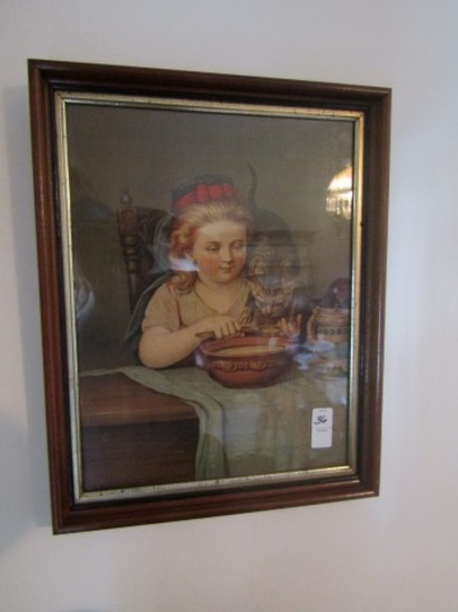 VICTORIAN GIRL WITH CAT PRINT IN SHADOW BOX FRAME 19 X 15