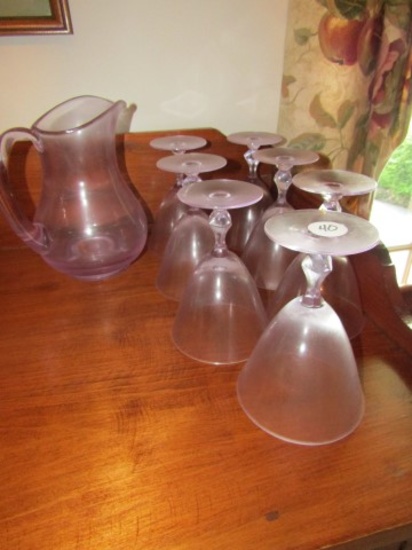 ALEXANDRITE PITCHER AND 7 WINE GLASSES