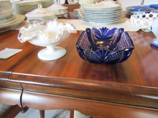 COBALT BLUE CUT TO CLEAR BOWL WITH CHIPS AND FENTON COMPOTE