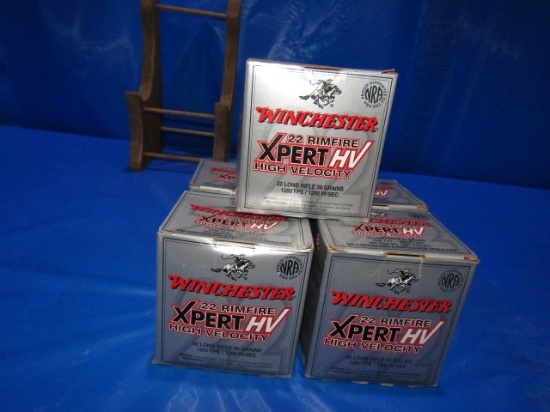 FIVE BOXES WINCHESTER 22 REM FIRE EXPERT HV 36 GR 500 RDS PER BOX