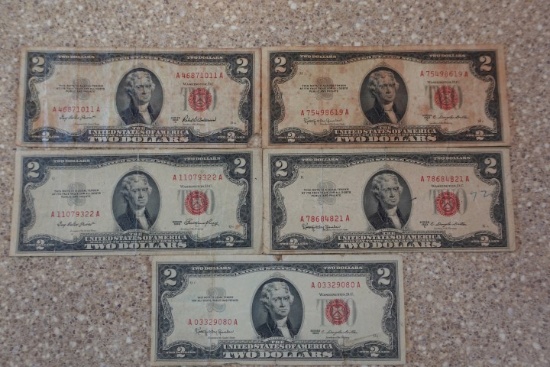 5 2 DOLLAR RED NOTES 1- 1953A 2-1953C 2-1953