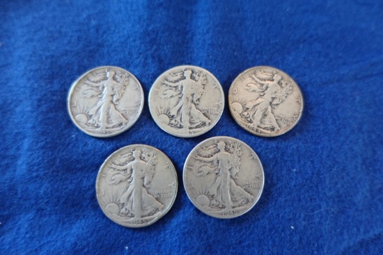 5 LIBERTY  WALKING 1/2 DOLLARS 1-1944 4-1945