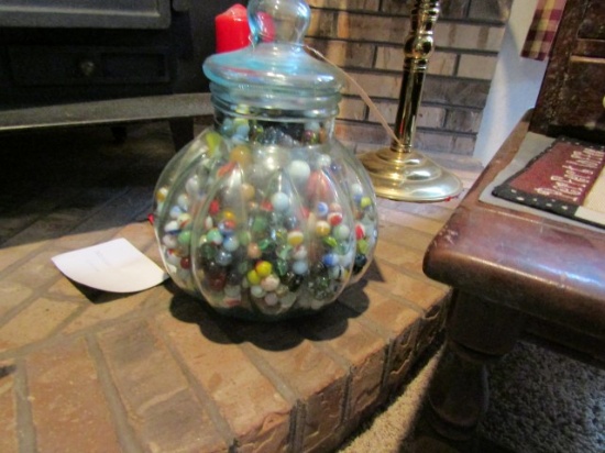 LARGE GLASS CANDY JAR FULL OF MARBLES LARGE LOT ANTIQUE MARBLES