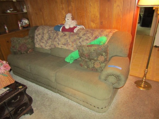 GREEN CORDUROY RECLINER COUCH