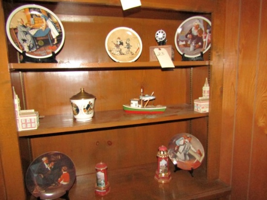 CONTENTS OF THREE SHELVES COLLECTORS PLATES MODEL BOATS FIGURINES AND MORE