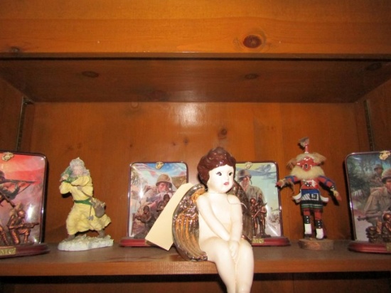 CONTENTS OF TOP SHELF INCLUDING MARINE CORP DECORATIVES AND FIGURINES