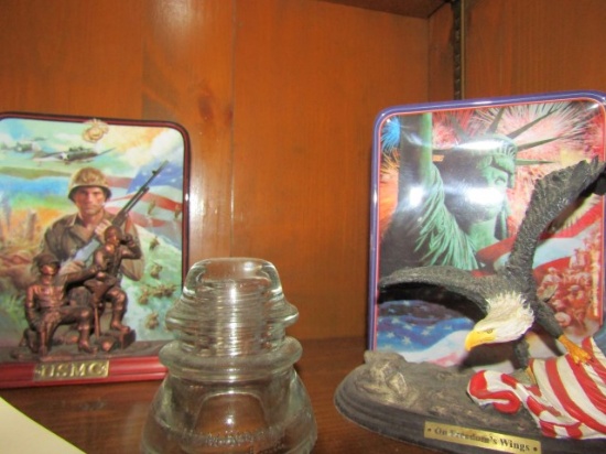 CONTENTS OF SHELF INCLUDING BIRD FIGURINES AND MARINE CORP COLLECTIBLES AND