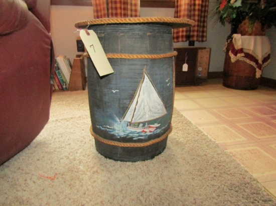 WOODEN NAIL KEG CONVERTED TO TABLE WITH PAINTED SHIP