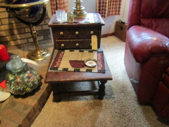 TWO TIER END TABLE WITH CONTENTS OF LAMP AND DECORATIVES