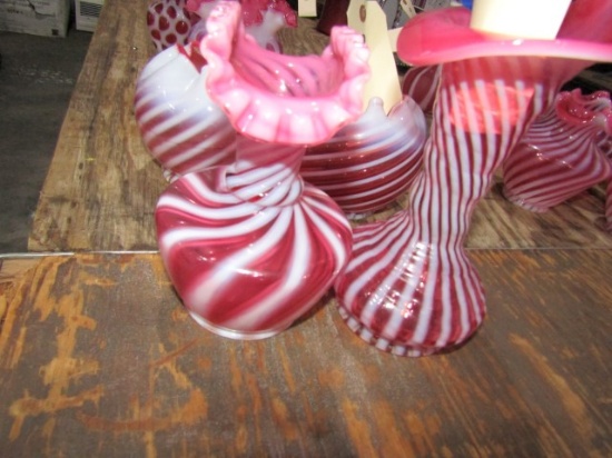 2 PINK AND WHITE OPALESCENT STRIPED VASES