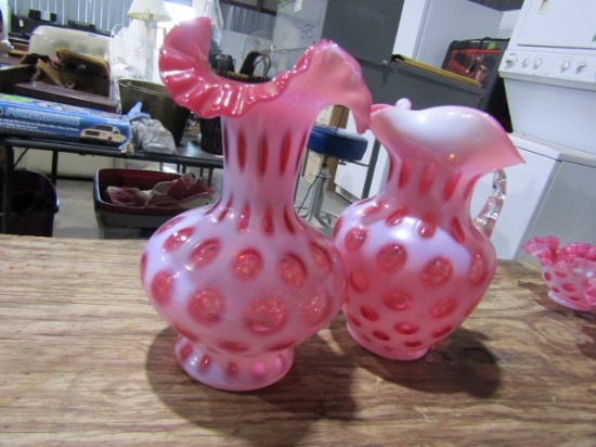 PINK OPALESCENT VASE APPROX 10 INCH TALL AND PINK OPALESCENT PITCHER APPROX