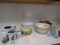 CONTENTS OF KITCHEN COUNTER INCLUDING COFFEE CUPS BOWLS SERVING DISHES AND