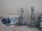 APPROX 8 PC DELFT TYPE PORCELIANS INCLUDING COW PITCHER CANDLE HOLDERS SERV