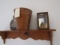 KNOTTY PINE SHELF AND CONTENTS INCLUDING BASKET CANDLE BOX AND DECORATIVE