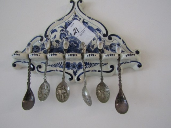 PORCELAIN DELFT COLLECTOR SPOON HOLDER WITH 6 SPOONS