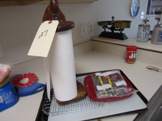 CONTENTS OF KITCHEN COUNTER INCLUDING COOKING TRAYS UTENSILS AND MORE