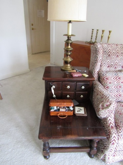 END TABLE WITH PIGEON HOLE DRAWERS BRASS LAMP AND COASTERS