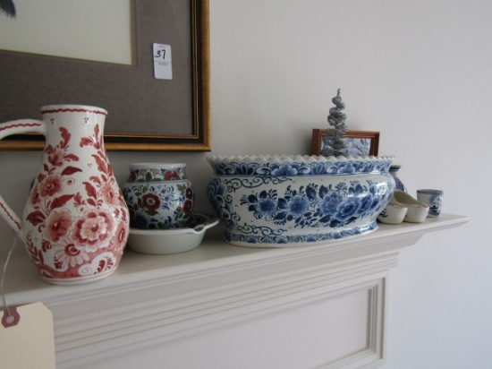 APPROX 10 PCS PORCELAIN INCLUDING DELFT TYPE PITCHERS BOWLS SHOT GLASS AND