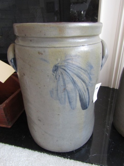 3 GALLON ANTIQUE SALT GLAZE CROCK WITH DOUBLE EARS AND BLUE FLORAL DECORATI
