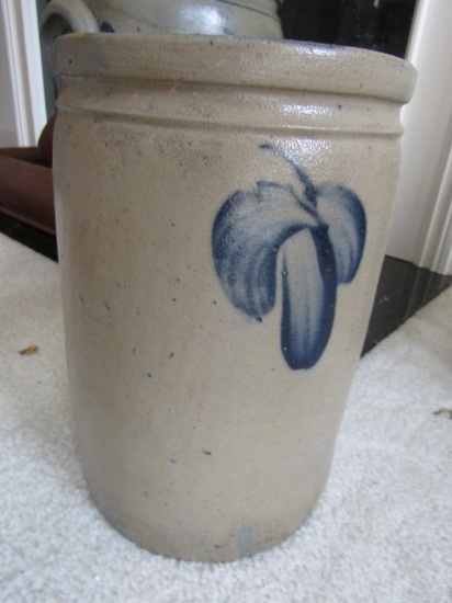 ANTIQUE SALT GLAZE CROCK WITH 3 BLUE FLOWERS APPROX 14 INCH TALL