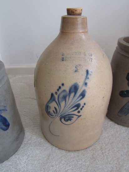 2 GALLON SALT GLAZE JUG WITH HANDLE BY E NORTON AND COMPANY VERMONT WITH BL