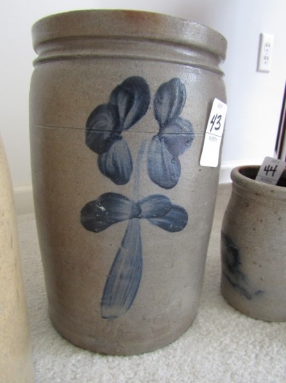 ANTIQUE SALT GLAZE CROCK APPROX 16 INCH TALL WITH 2 BLUE FLORAL DECORATIVES