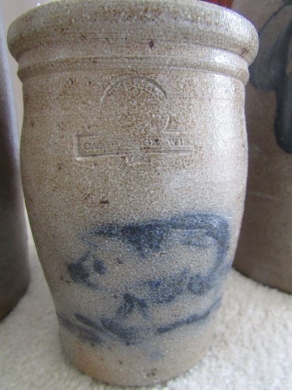 SMALL SALT GLAZE CROCK CAMBRIDGE WISCONSIN WITH BLUE PIG DESIGN