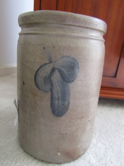 ANTIQUE SALT GLAZE CROCK WITH BLUE FLORAL DESIGN APPROX 15 INCH