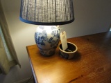 SALT GLAZE LAMP WITH BLUE FERN DESIGN BY ROWE CAMBRIDGE WISCONSIN 1991 AND