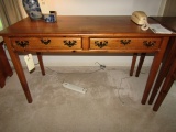 KNOTTY PINE 2 DRAWER DESK WITH BRASS PULLS FINISH IS DAMAGED