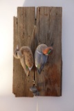 PAIR GREENWING TEAL DECOYS BY DAN BROWN 1982 HANGING FROM BARNWOOD WITH STR