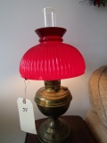 CONVERTED BRASS OIL LAMP BRADLEY AND HUBBARD RED SHADE