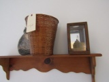 KNOTTY PINE SHELF AND CONTENTS INCLUDING BASKET CANDLE BOX AND DECORATIVE
